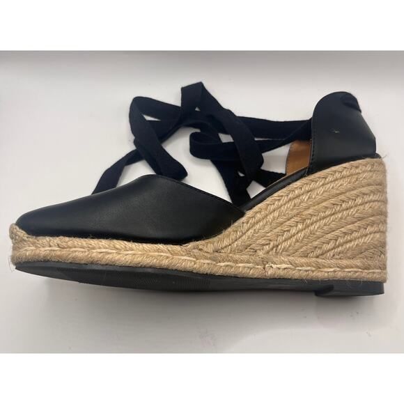Venus Black Faux Leather Closed Toe Espadrille with Ankle Wrap Ribbon Ties - Picture 4 of 12